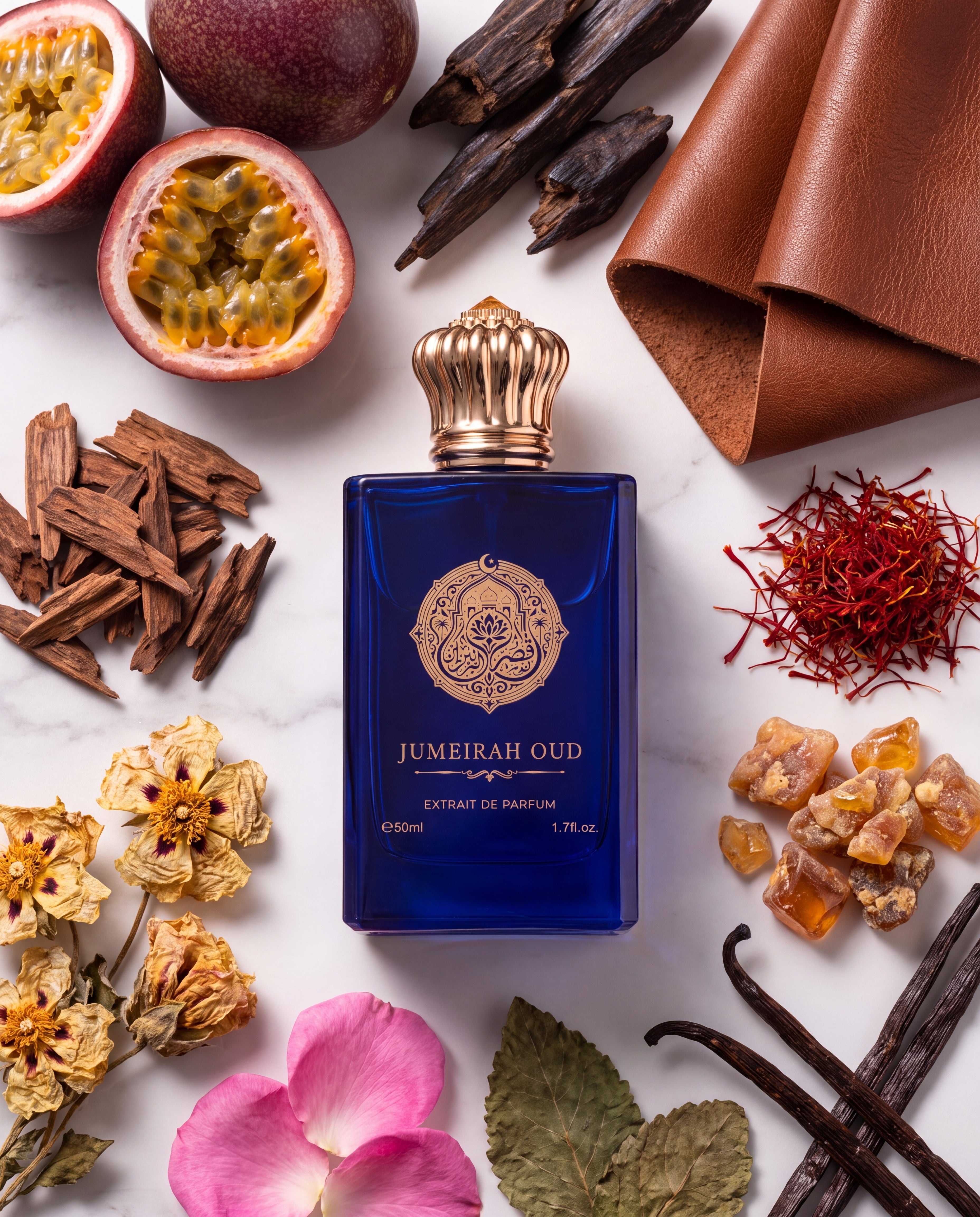 ZAYAAN Jumeirah Oud – Flakon mit Duftnoten-Zutaten (Maracuja, Safran, Oud, Leder)